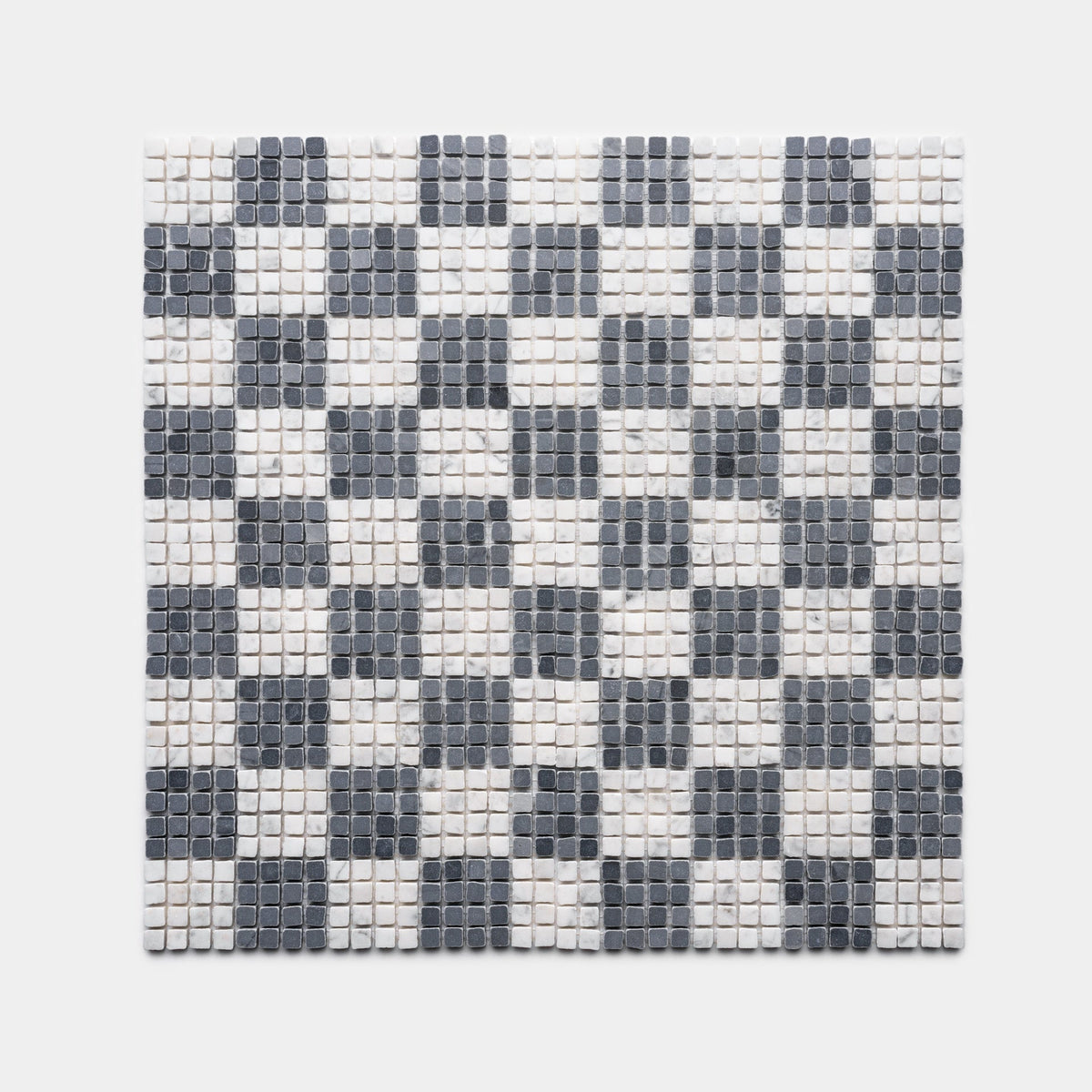 The Check in Carrara + Bardiglio Imperiale by Zia Tile is a square mosaic tile sheet featuring a checkered pattern of alternating dark gray and white small tiles for a striking grid look.