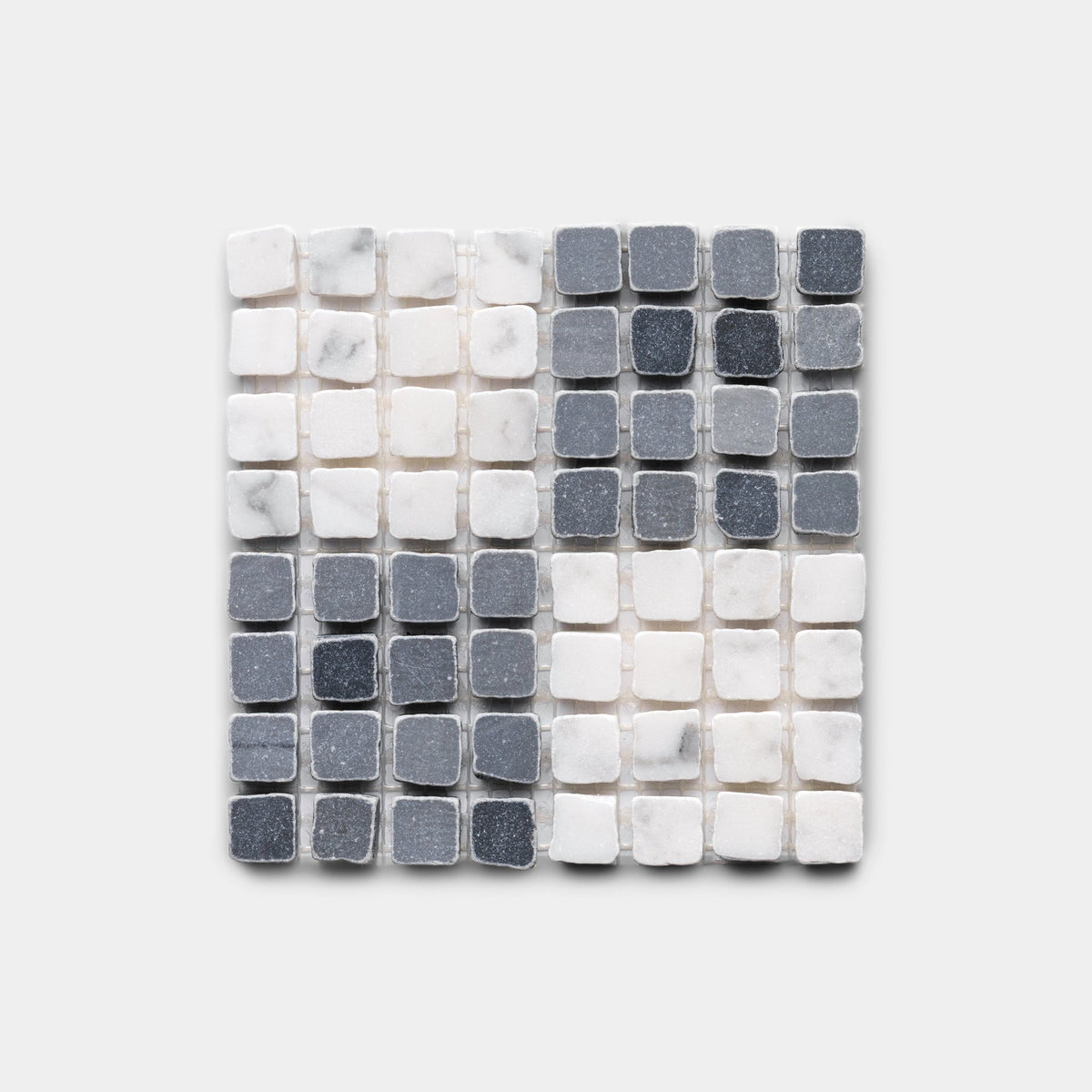A mosaic of small, glossy, rounded square tiles in a white and dark gray checkerboard pattern on light gray, featuring the 