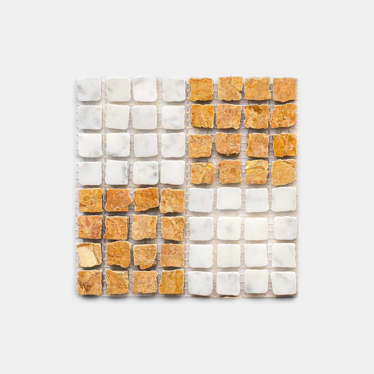 The Check in Carrara + Giallo Reale sample by Zia Tile features a checkerboard mosaic of smooth white and textured orange-brown tiles on a light gray background.