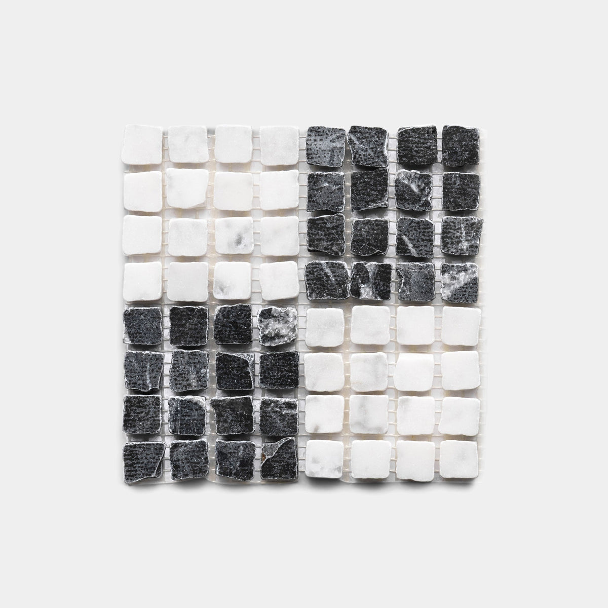 The Check in Carrara + Grigio Carnico sample by Zia Tile features a square grid of small, raised tiles arranged in a black and white checkerboard pattern on a plain white background.