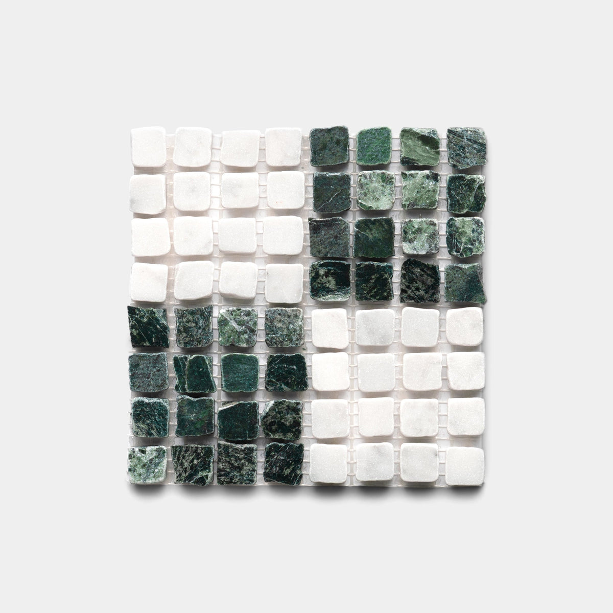 The Check in Carrara + Verde Alpi Sample by Zia Tile features a square mosaic with alternating small white and dark green textured tiles arranged in a grid on a light gray background.