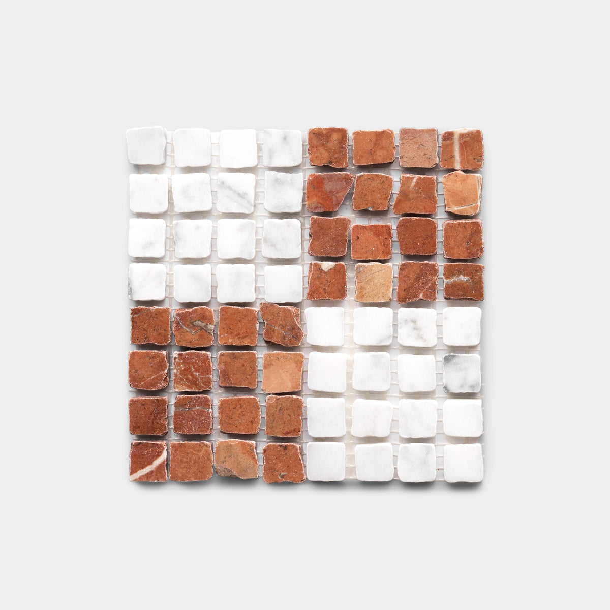 The Check in Carrara + Rosso Alicante Sample by Zia Tile is a square tile mosaic featuring a checkerboard grid of alternating white and reddish-brown tiles on a light gray background.