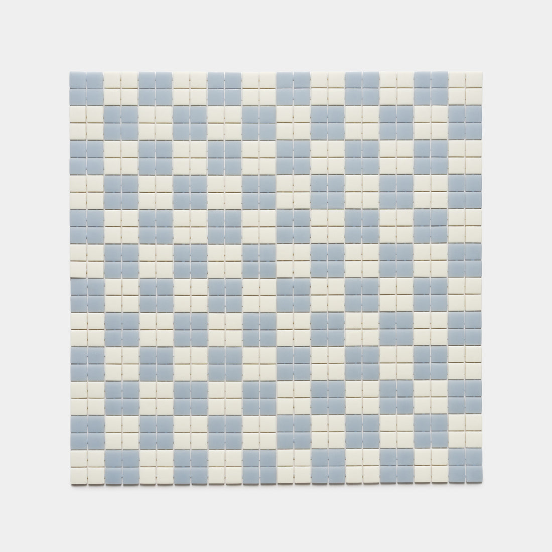 The Cheque Tranquil Blue + Milk tile sheet by Zia Tile features a neat checkerboard pattern with alternating light blue and off-white square tiles.