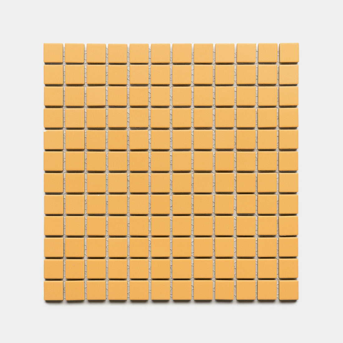 A grid of small, evenly spaced, square Citron 1x1 orange tiles by Zia Tile is arranged in a perfect square pattern on a white background.