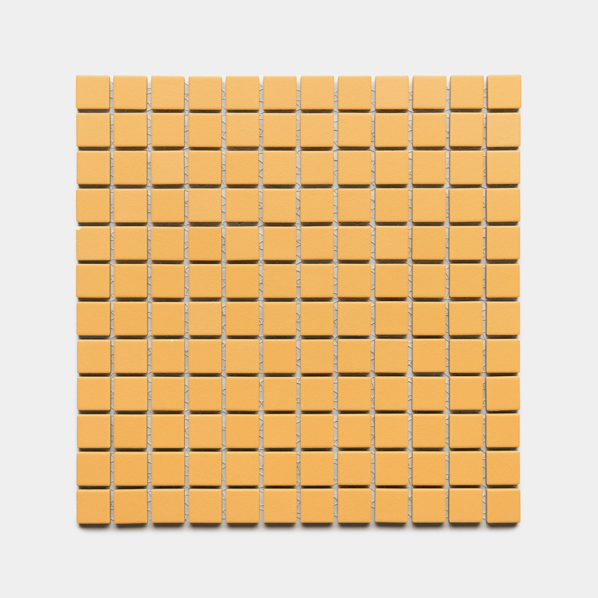 A grid of small, evenly spaced, square Citron 1x1 orange tiles by Zia Tile is arranged in a perfect square pattern on a white background.
