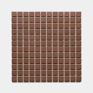 A square sheet of Zia Tile's Clove 1x1 tiles features small, evenly spaced brown ceramic squares arranged in a grid pattern on a white background.
