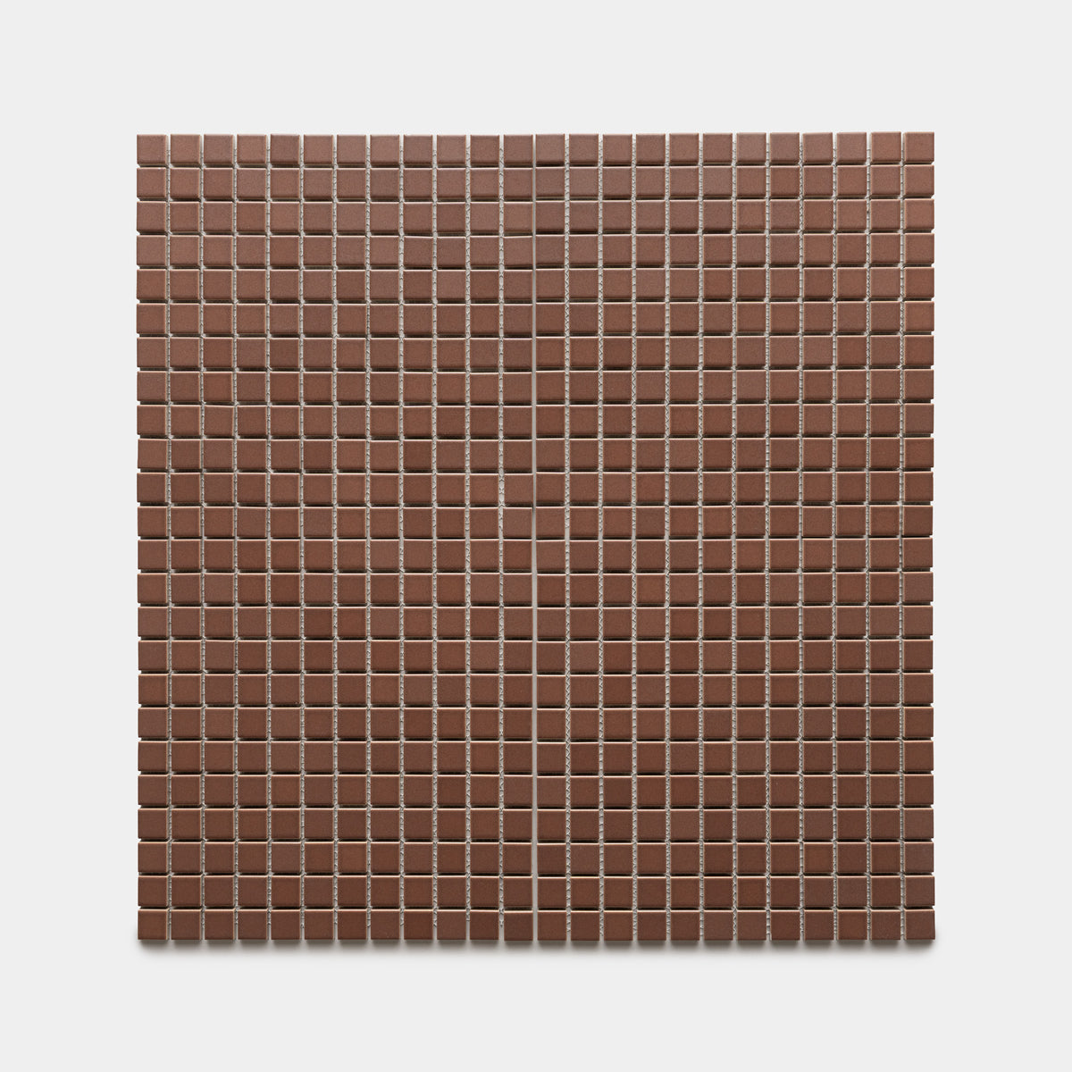 A square sheet of Zia Tile's Clove 1x1 small brown ceramic tiles, evenly spaced in a grid pattern on a white background.