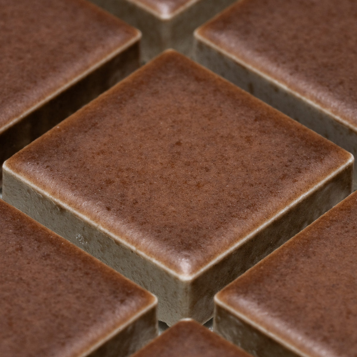 Close-up view of several neatly arranged, square-shaped Clove 1x1 tiles by Zia Tile, featuring smooth, matte surfaces and sharp edges.