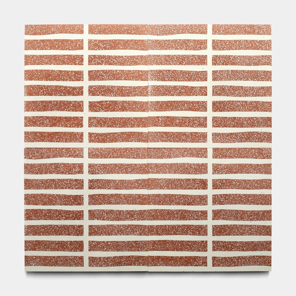 The Collins Rust 12x12 sample by Zia Tile features a square canvas with wavy, textured orange lines and white gaps, forming a brick-like pattern on a neutral background inspired by handmade Moroccan tiles.