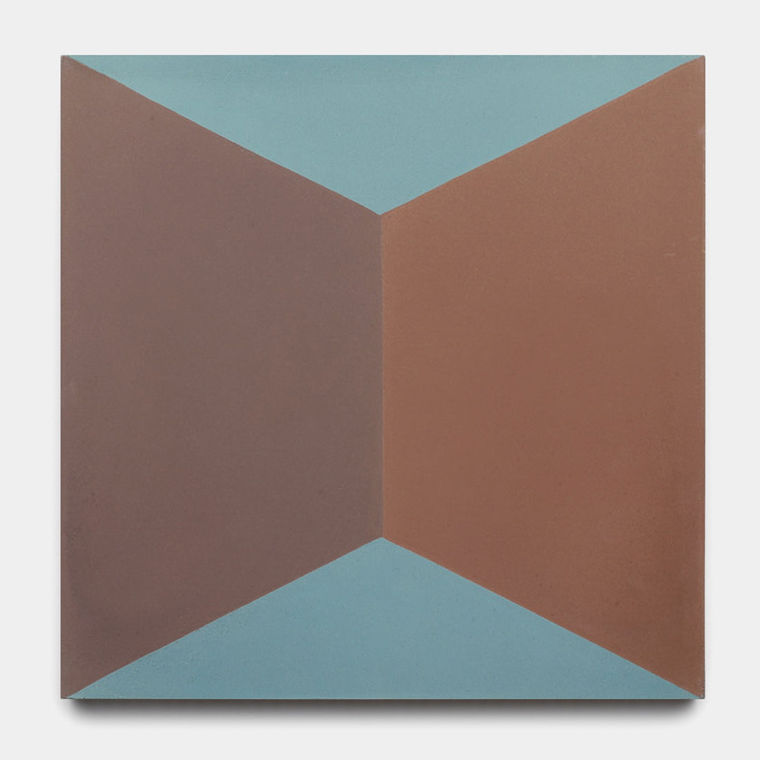 The Zia Tile Colorama Tyrian 8x8 features an abstract geometric design with two brown triangles meeting at the center and light blue triangles above and below, evoking patterned tile and a striking three-dimensional, folded effect.