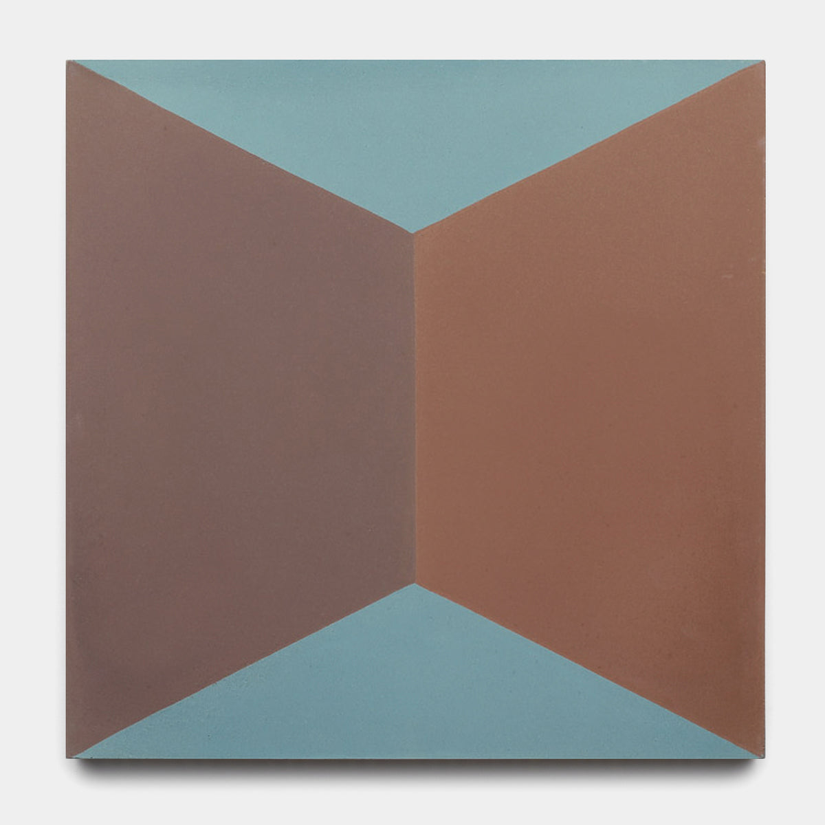 The Zia Tile Colorama Tyrian 8x8 features an abstract geometric design with two brown triangles meeting at the center and light blue triangles above and below, evoking patterned tile and a striking three-dimensional, folded effect.