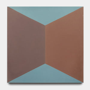 The Zia Tile Colorama Tyrian 8x8 features an abstract geometric design with two brown triangles meeting at the center and light blue triangles above and below, evoking patterned tile and a striking three-dimensional, folded effect.