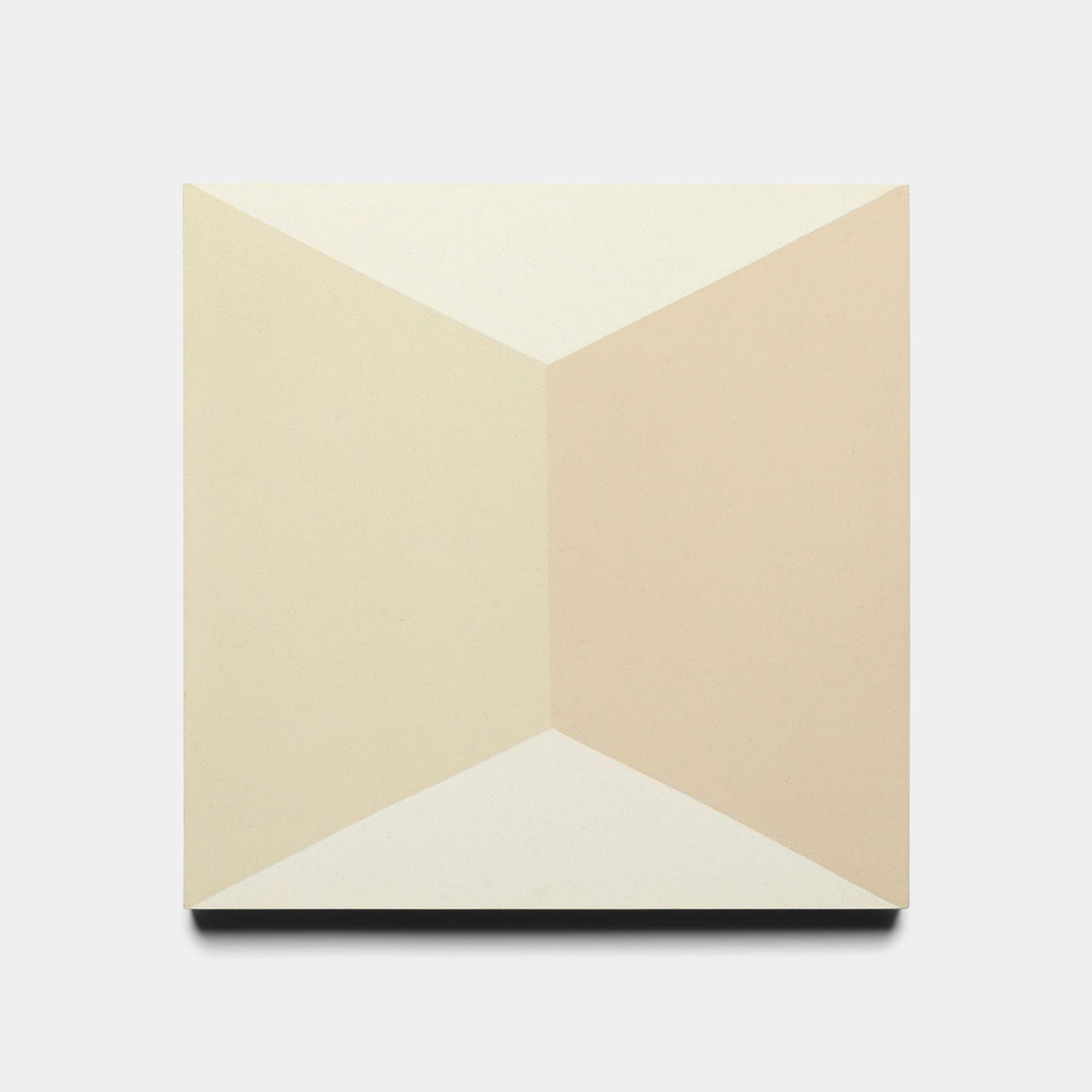 A square canvas with a minimalist geometric design inspired by Zia Tile's Colorama Bone 8x8 Sample, featuring beige and off-white shapes in a symmetrical, 3D pattern reminiscent of tile samples on a white background.