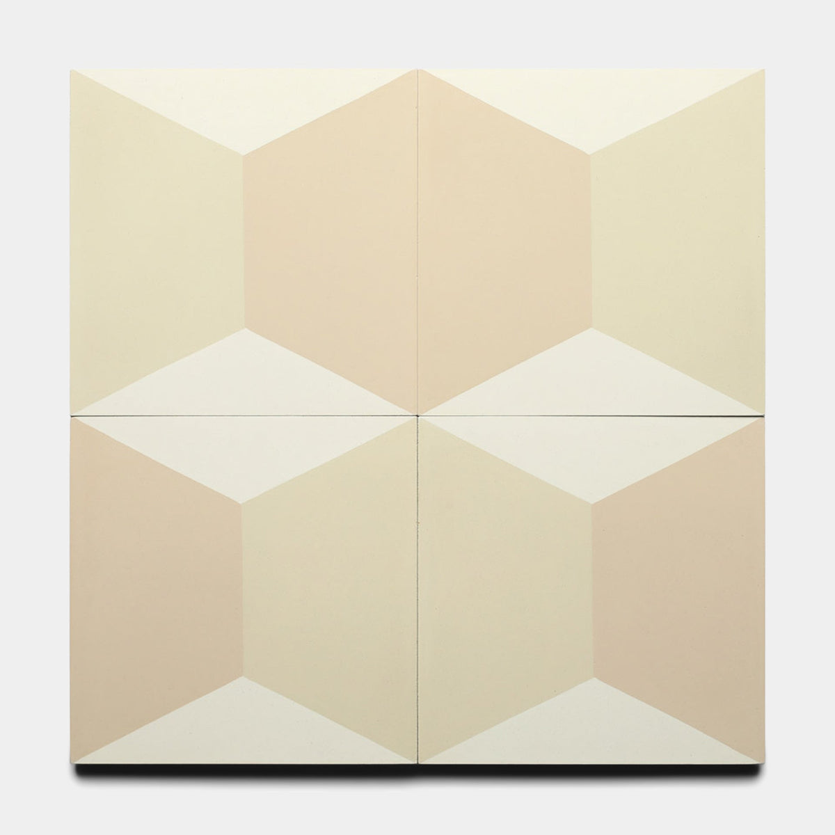 The Colorama Bone 8x8 Sample by Zia Tile features four square tiles in beige, cream, and off-white tones with geometric patterns that create a 3D cube optical illusion.