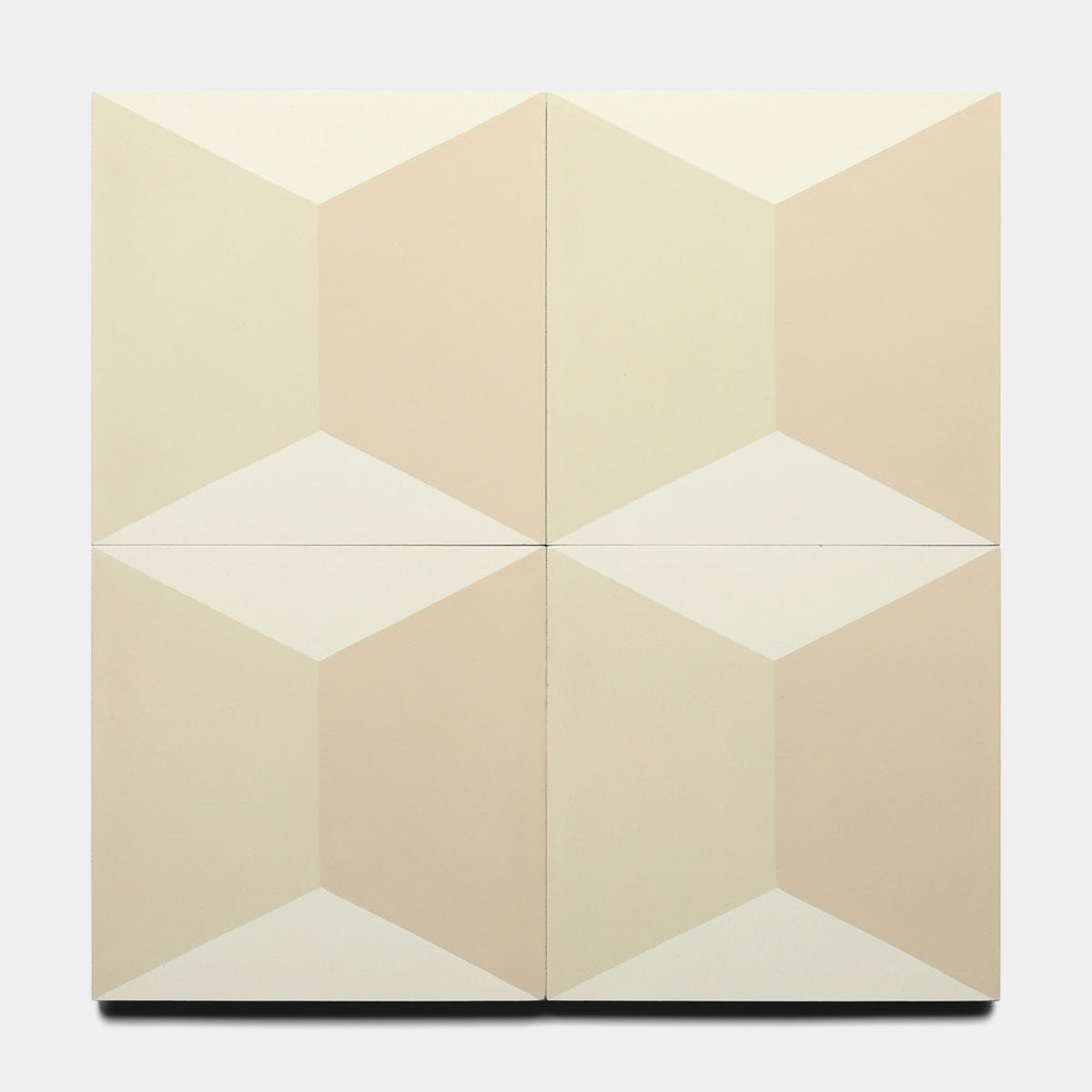 Four Zia Tile Colorama Bone 8x8 samples are arranged in a 2x2 grid, featuring beige, cream, and off-white shapes that form a three-dimensional cube illusion at the intersection of the tiles.