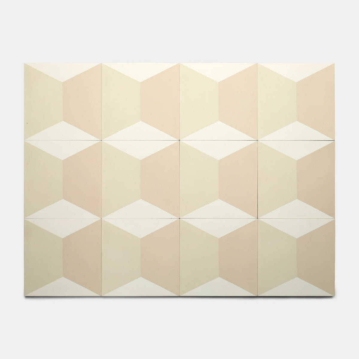 A set of 12 Zia Tile Colorama Bone 8x8 samples features beige and off-white geometric patterns, forming an optical illusion of 3D cubes. The tiles repeat the design uniformly against a plain background.