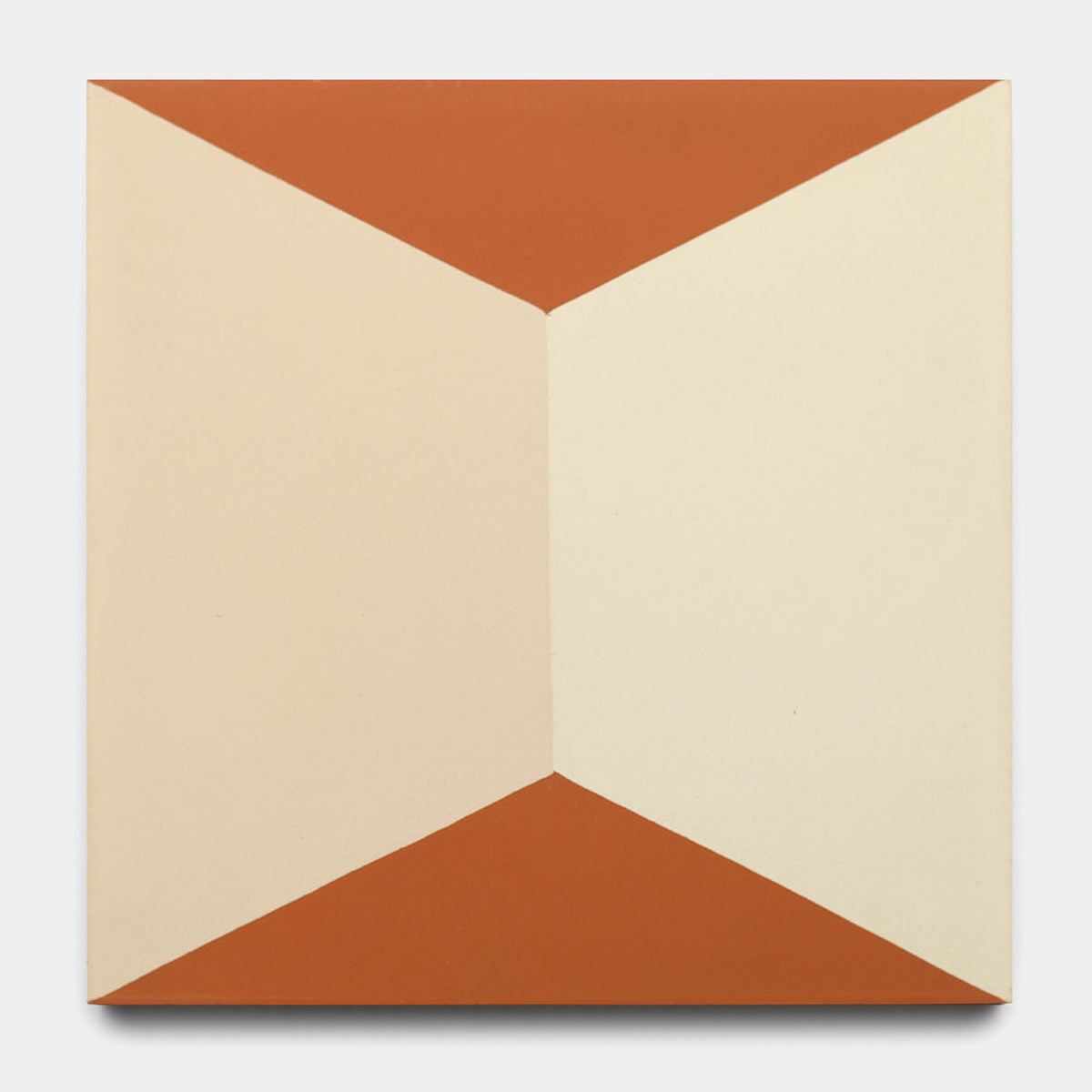 The Colorama Dune 8x8 by Zia Tile features a square, tile-inspired design with two large cream triangles meeting at the center, rust-orange corners, and an hourglass geometric motif on a white background.