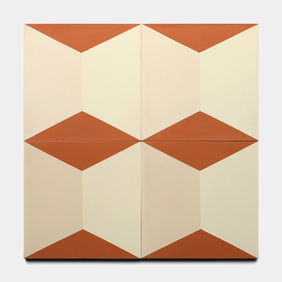 Four Zia Tile Colorama Dune 8x8 samples are arranged in a grid, each featuring geometric cream and terracotta patterns that form a three-dimensional cube illusion on a plain white background.