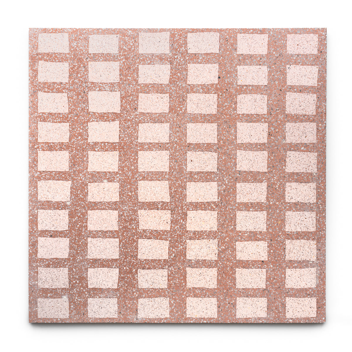 The Zia Tile Constellation Terra Cotta + Ballet Slipper 24x24 features a square grid of light pink rectangles on a speckled reddish-brown background, creating a repetitive geometric pattern.