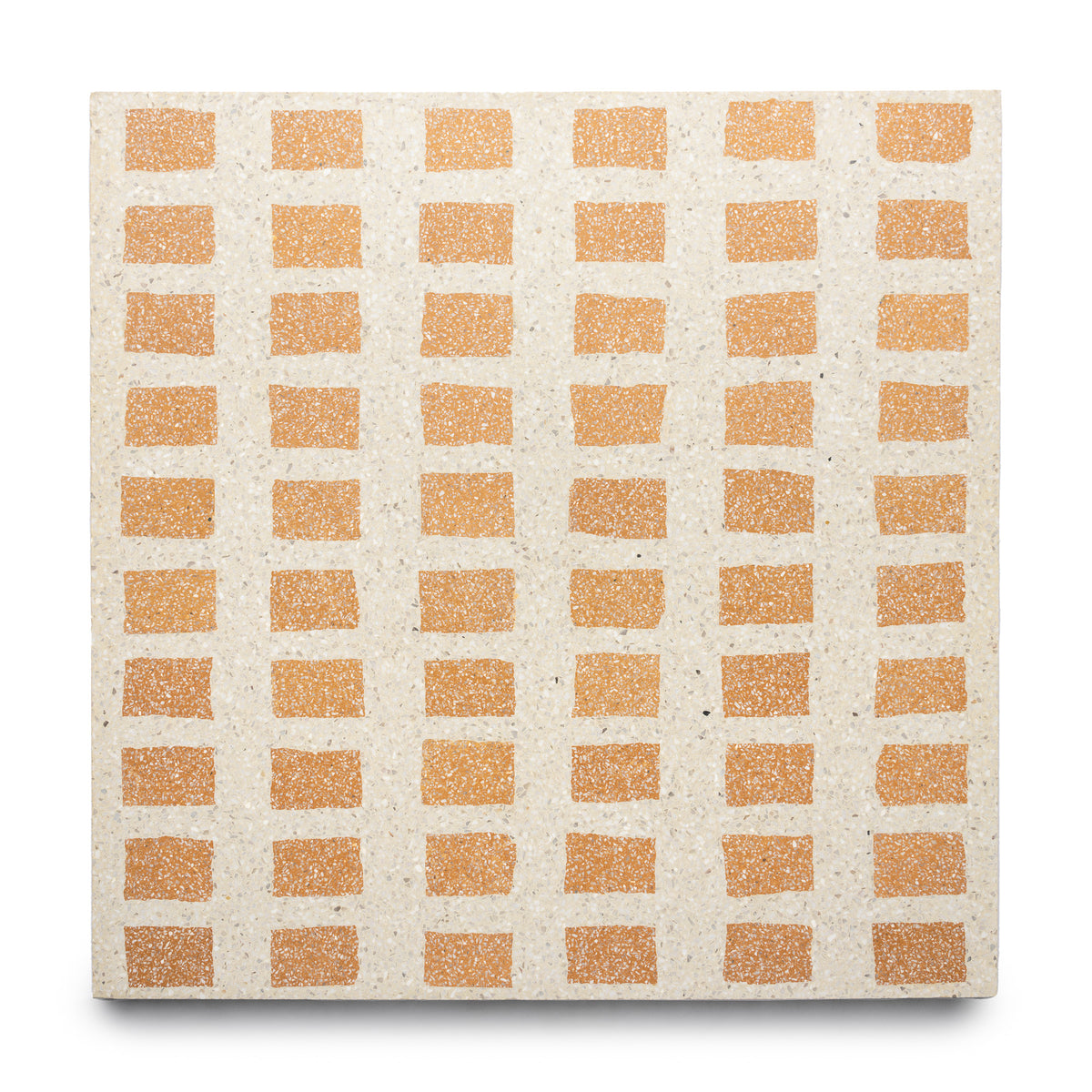 The Constellation Bone + Ginger 7x8 Sample by Zia Tile features a bone cream background with an even grid of ginger orange-brown rectangles—perfect for modern interior designs.