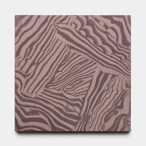 The Currents Aubergine + Tyrian 8x8 tile by Zia Tile features abstract, overlapping brown and beige zebra-like stripes in various directions on a square surface, offering a textured and patterned visual effect.