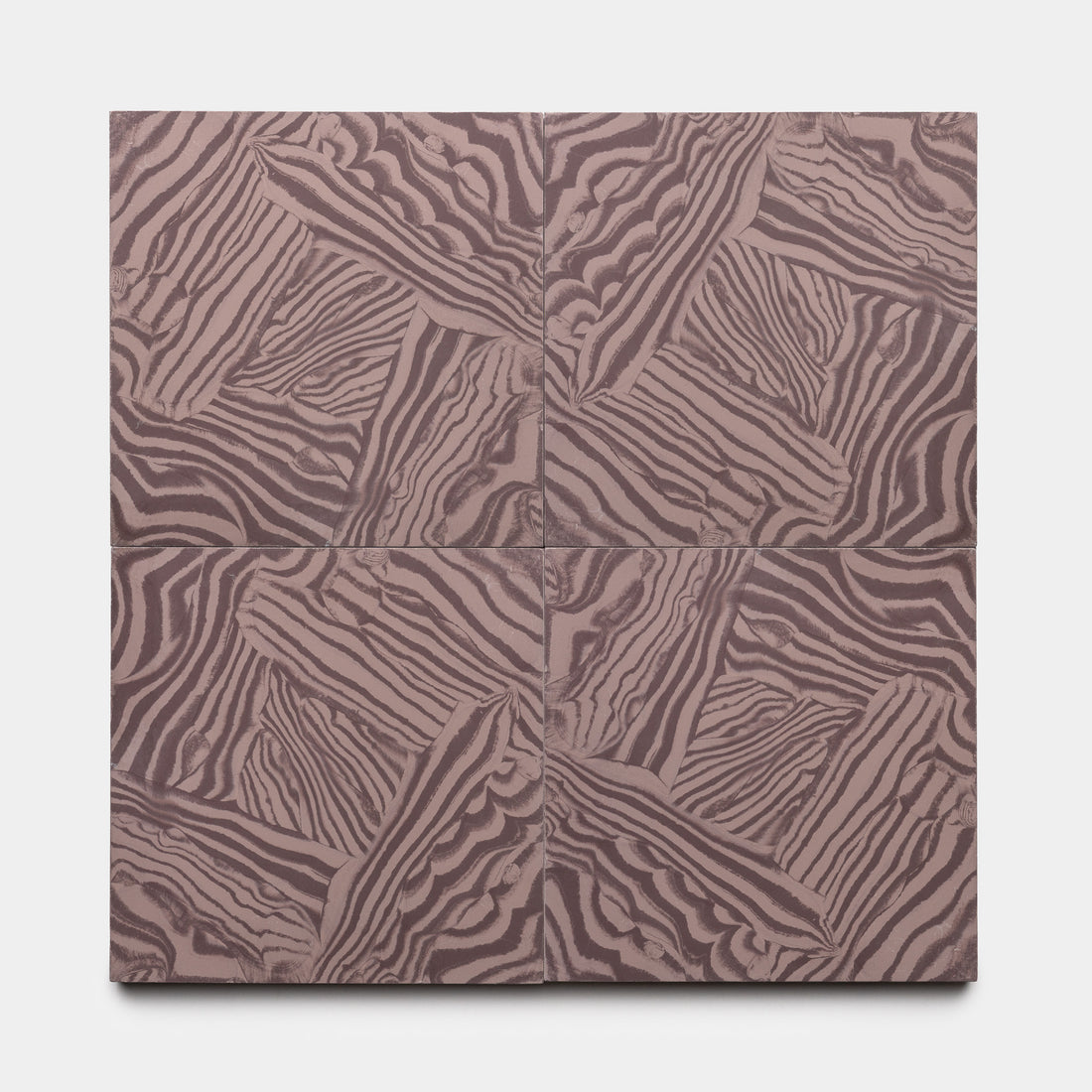 Four Currents Aubergine + Tyrian 8x8 tiles by Zia Tile, arranged in a square, display abstract wavy stripes in mauve and taupe. The aligned patterns create a dynamic, textured effect.