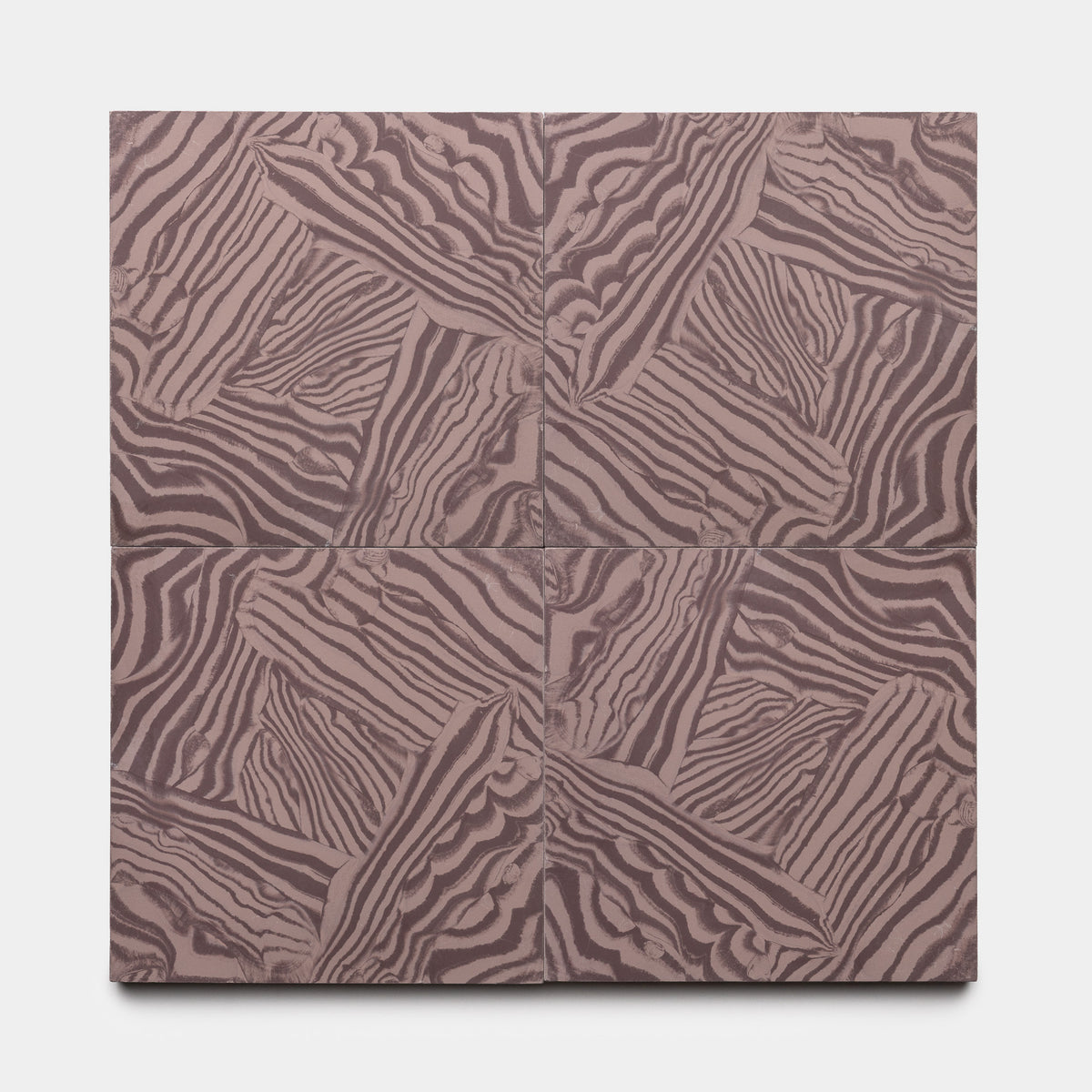 Four Currents Aubergine + Tyrian 8x8 tiles by Zia Tile, arranged in a square, display abstract wavy stripes in mauve and taupe. The aligned patterns create a dynamic, textured effect.