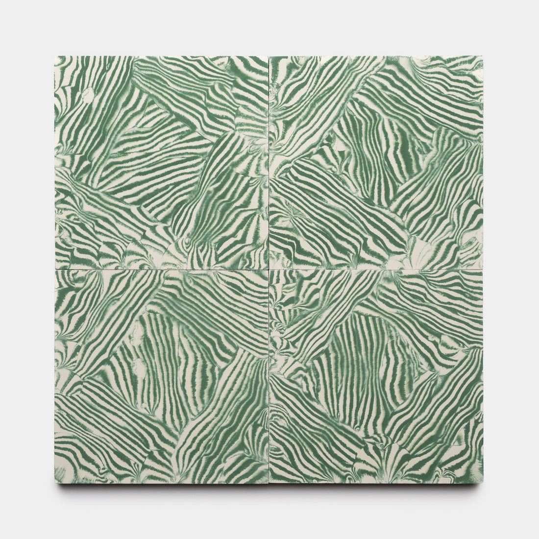 Four Currents Noble Green + Bone 8x8 tiles by Zia Tile are arranged in a grid, each displaying a green and white abstract zebra-stripe pattern that flows continuously across all tiles for an organic look.