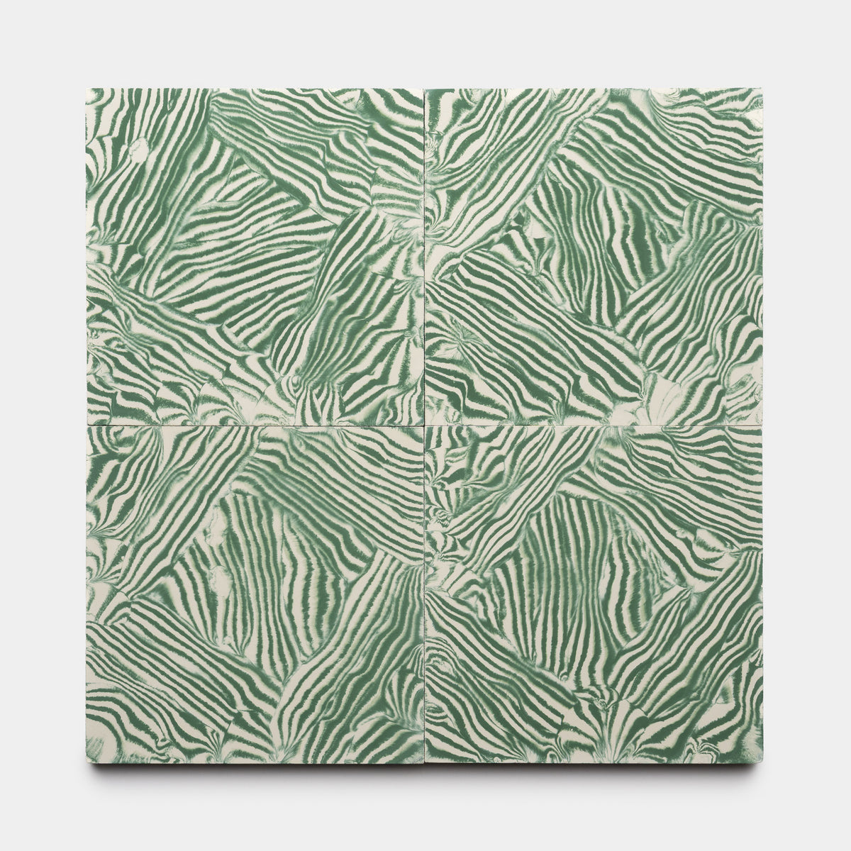 Four Currents Noble Green + Bone 8x8 tiles by Zia Tile are arranged in a grid, each displaying a green and white abstract zebra-stripe pattern that flows continuously across all tiles for an organic look.
