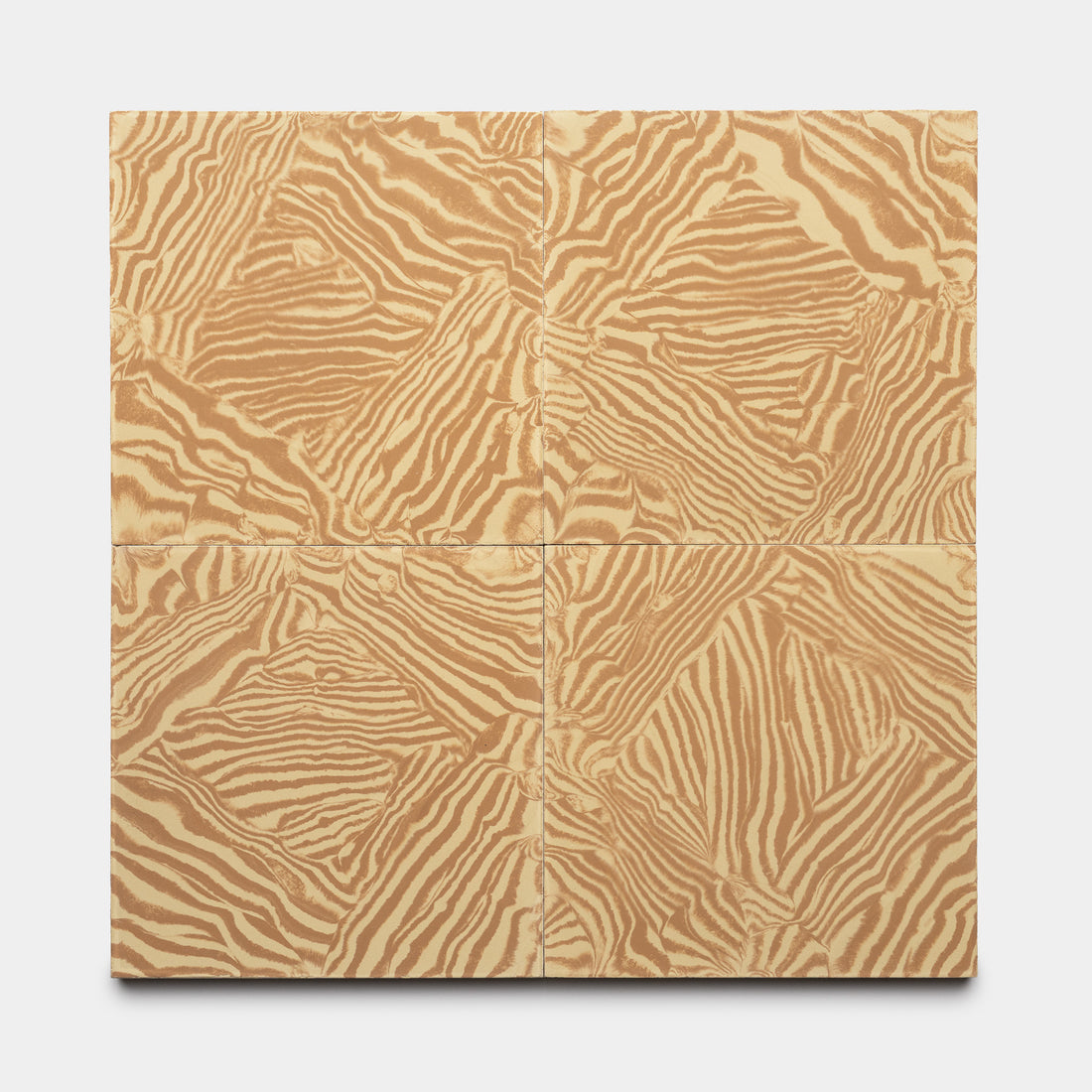 Four Currents Saddle + Clay 8x8 panels by Zia Tile are arranged in a grid, each displaying matching light and dark tan zebra-stripe patterns to form a continuous abstract design.