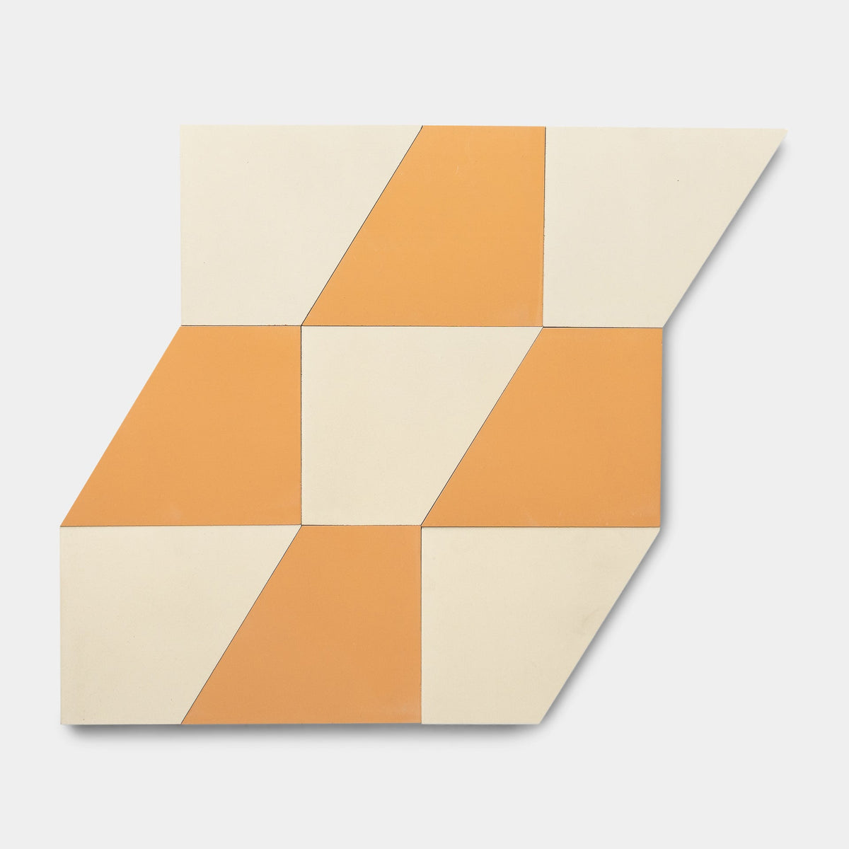Derby Ginger + Bone by Zia Tile features six joined shapes, alternating tan and cream to create a geometric pattern of parallelograms and triangles on white, inspired by classic cement tile design.