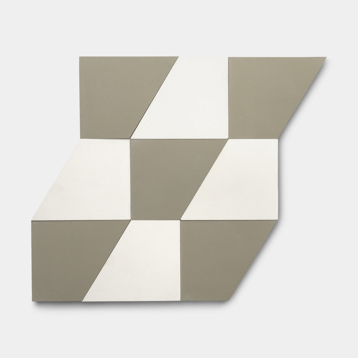 Derby Gypsum + Cotton, Sample by Zia Tile features a geometric abstract design with beige and white shapes forming an angular, irregular hexagonal pattern on a white background, inspired by handcrafted tile artistry.