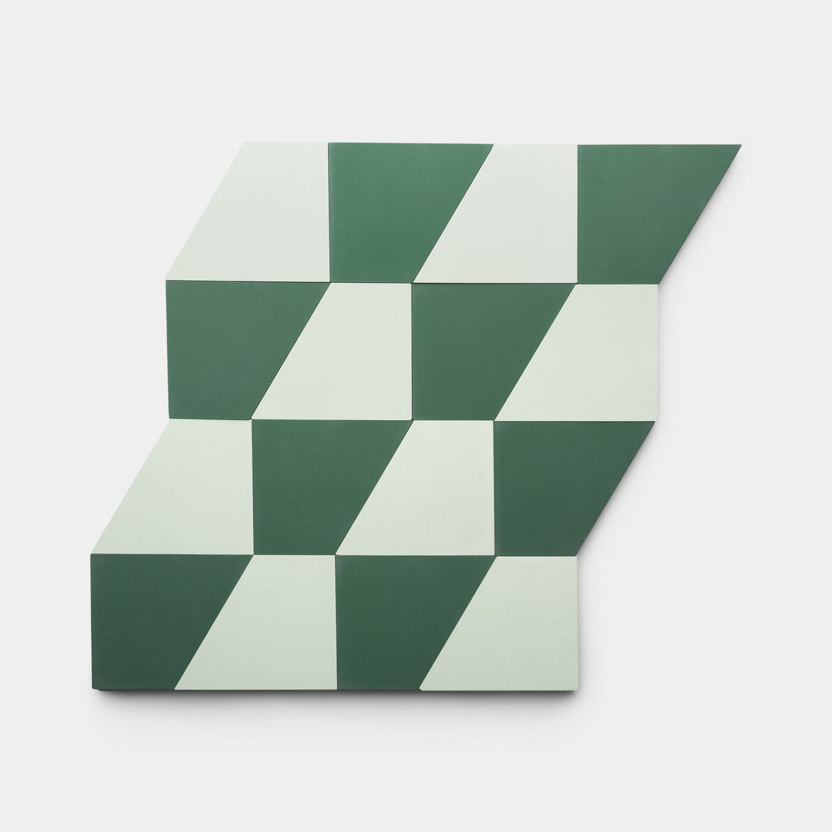 The Derby Julep + Noble Green Sample by Zia Tile features alternating dark green and off-white parallelograms in a staggered, repeating pattern for a striking three-dimensional, optical illusion effect.