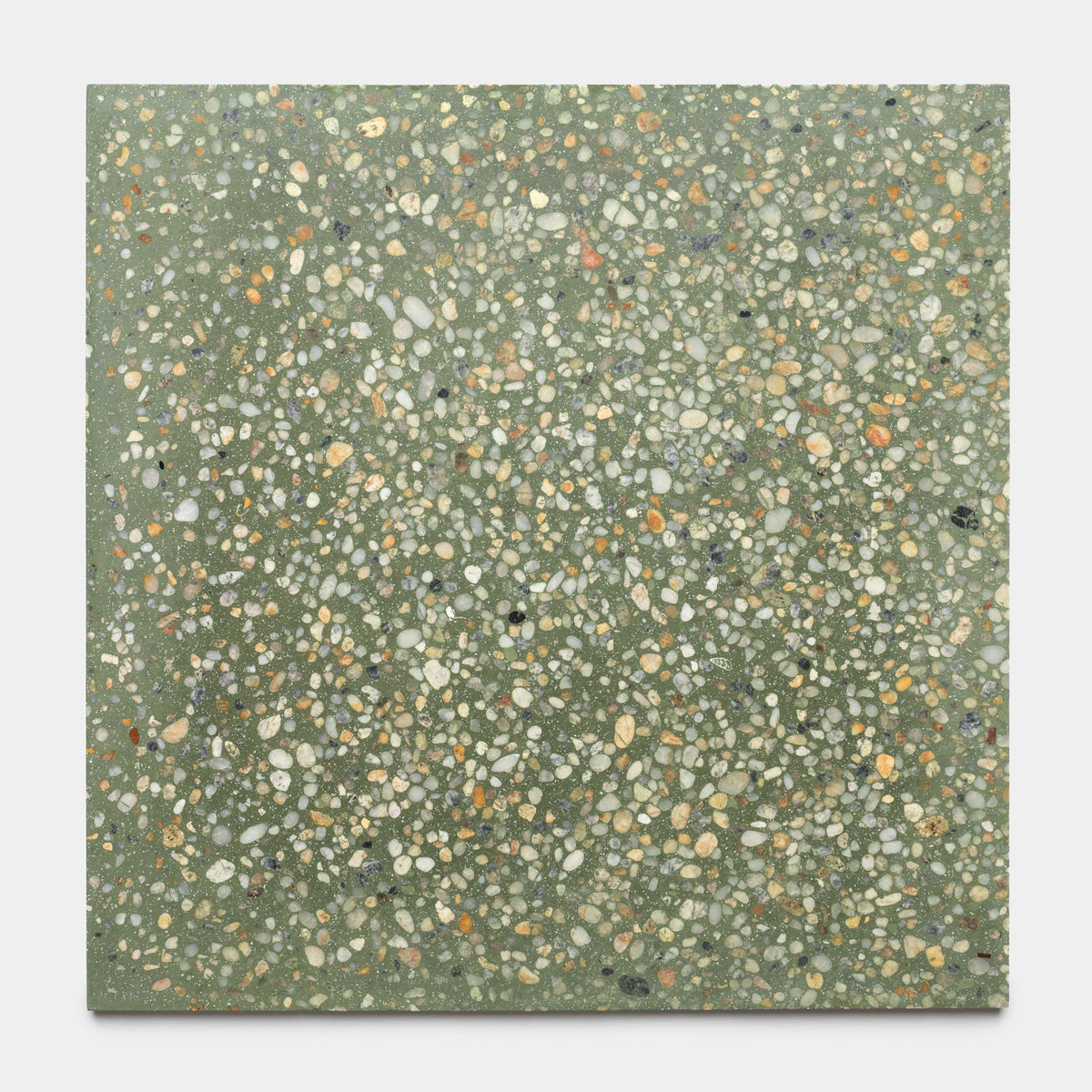 A square Desert Oasis 6x6 Sample by Zia Tile with a green background and a speckled pattern of small, multicolored stones and pebbles embedded throughout the surface.