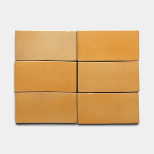 Six Dorado 4x8 Rectangle bricks by Zia Tile are arranged in two rows of three against a plain white background. The bricks display subtle shade variations, from light tan to deeper ochre.