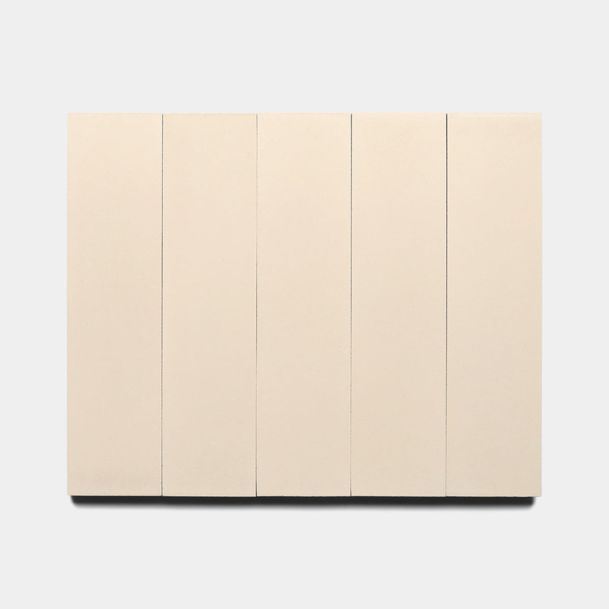 A minimalist artwork features five vertical, evenly spaced Dune 2x8 tile samples by Zia Tile in beige, set side by side on a light gray background.