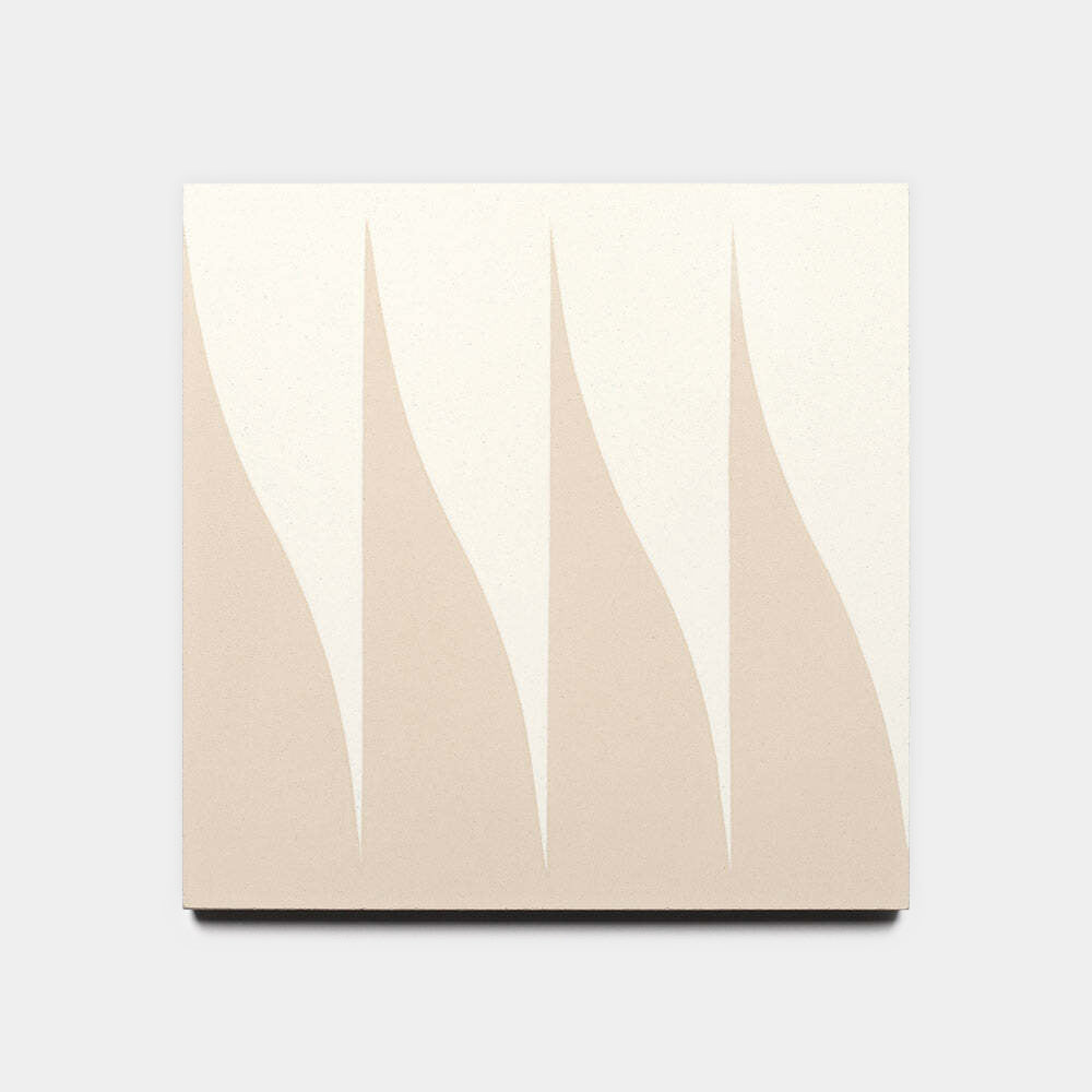 The Plume Dune 8x8 by Zia Tile is a square tile with an abstract design of curving beige peaks on an off-white background, creating a flowing, wave-like effect inspired by the organic patterns of handmade tiles.