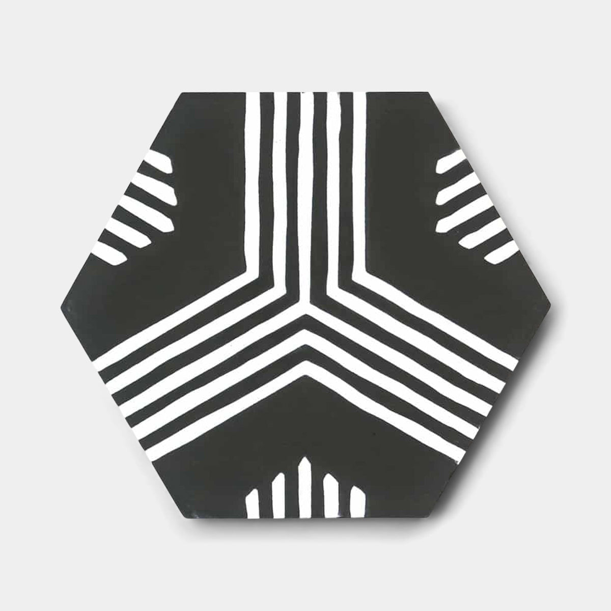 The Echo Charcoal Hex, Sample by vendor-unknown is a handmade hexagonal black cement tile with a bold geometric Y-shaped white pattern and parallel corner lines—ideal for adding modern, symmetrical flair.