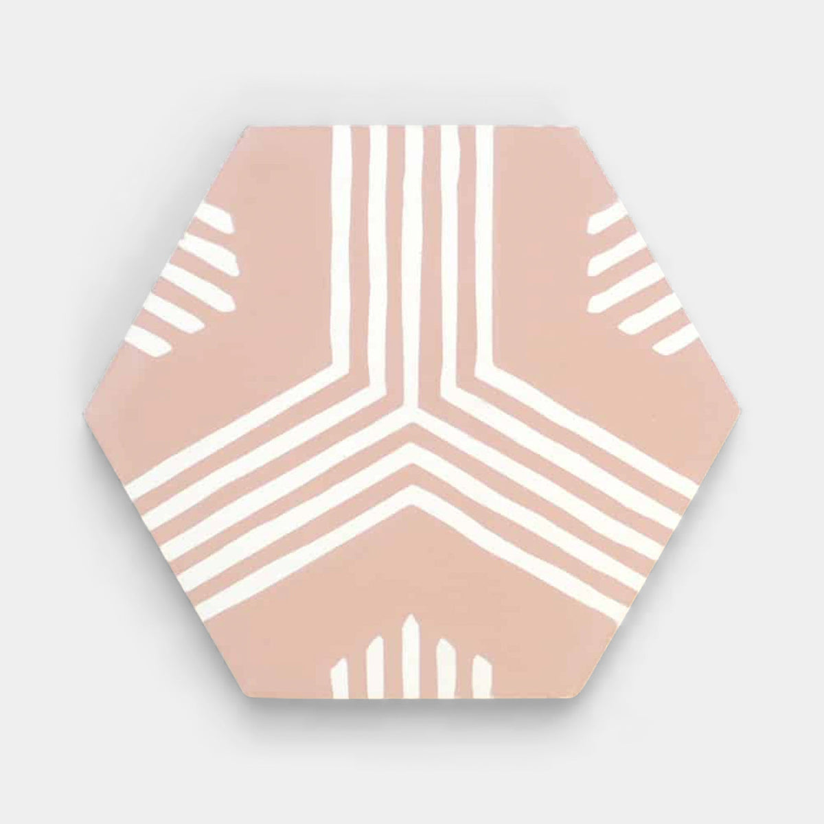 The Echo Jaipur Pink Hex, Sample by vendor-unknown is a hexagonal handmade tile featuring a light pink background with a geometric white pattern of intersecting lines and angled stripes, offering a modern, symmetrical style.