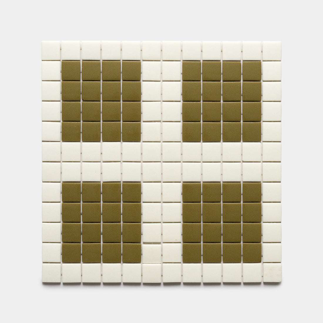 Ells Milk + Lichen, Sample by Zia Tile features a square grid of small white tiles with four olive-green squares in a 2x2 pattern on a light background.