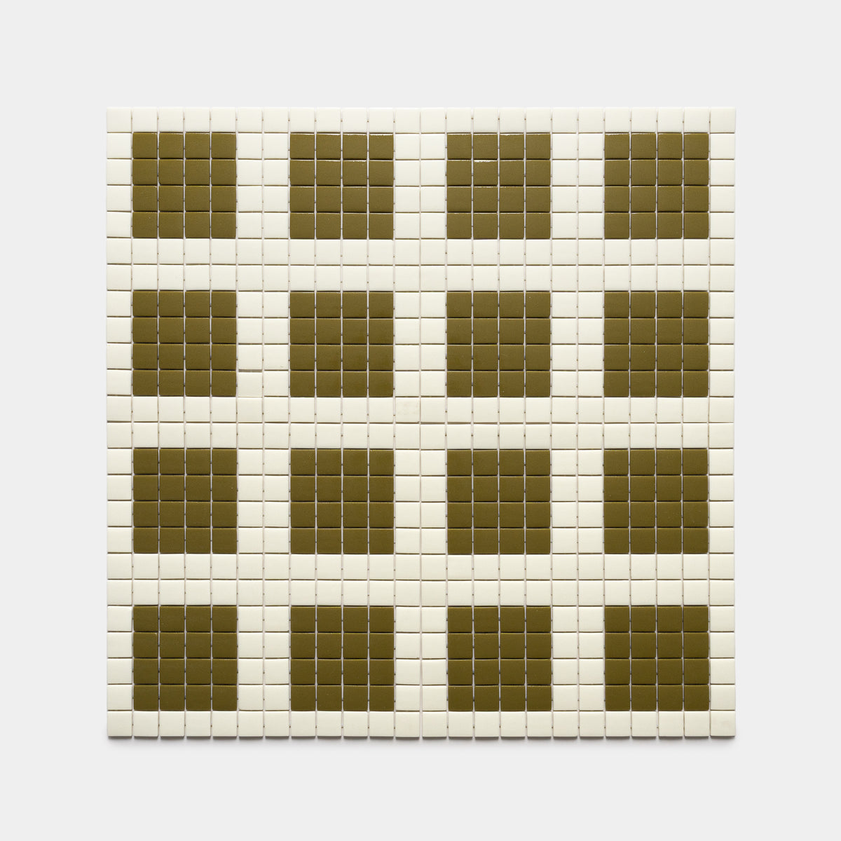 Ells Milk + Lichen by Zia Tile features a geometric grid of small square tiles with four rows of five large brown squares on a white background, creating a bold repeating pattern.