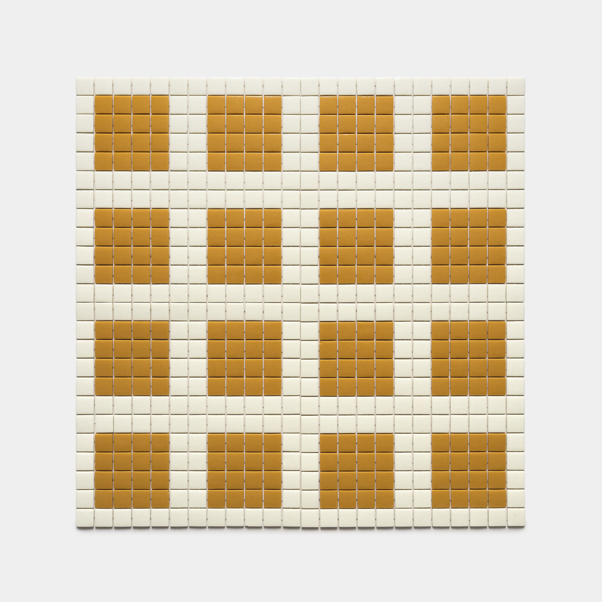 Ells Milk + Rye by Zia Tile features a white grid with cream squares and a center of four rows by five columns of brown squares, forming a checkerboard pattern perfect for modern spaces.