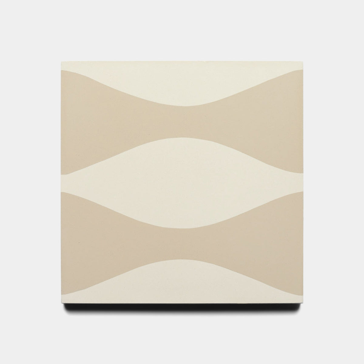 The Enzo Dune 8x8 sample from Zia Tile features a minimalist square tile design with two wavy beige lines on a cream background, forming subtle curved shapes—ideal for modern spaces.