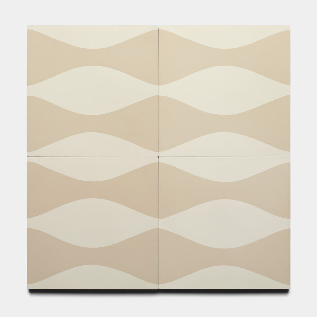 Four Zia Tile Enzo Dune 8x8 samples are shown in a grid on a white background, displaying cream and beige wavy patterns that align across the tiles to create continuous horizontal waves.