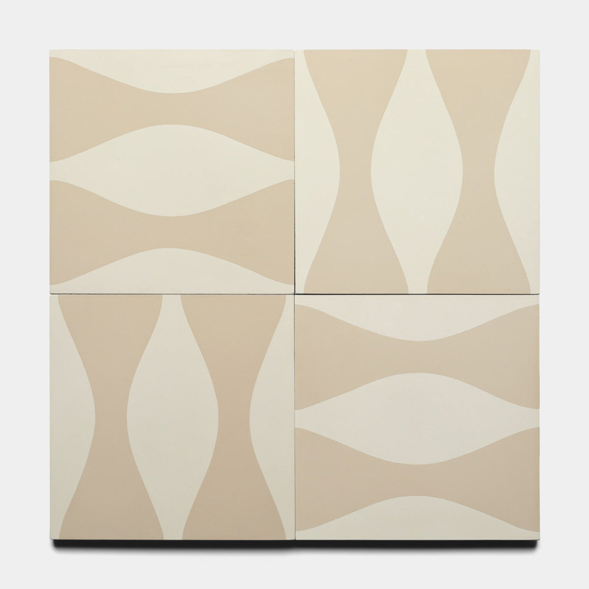 Four Zia Tile Enzo Dune 8x8 samples are arranged in a 2x2 grid, each featuring beige and cream abstract waves that flow smoothly across the white background.