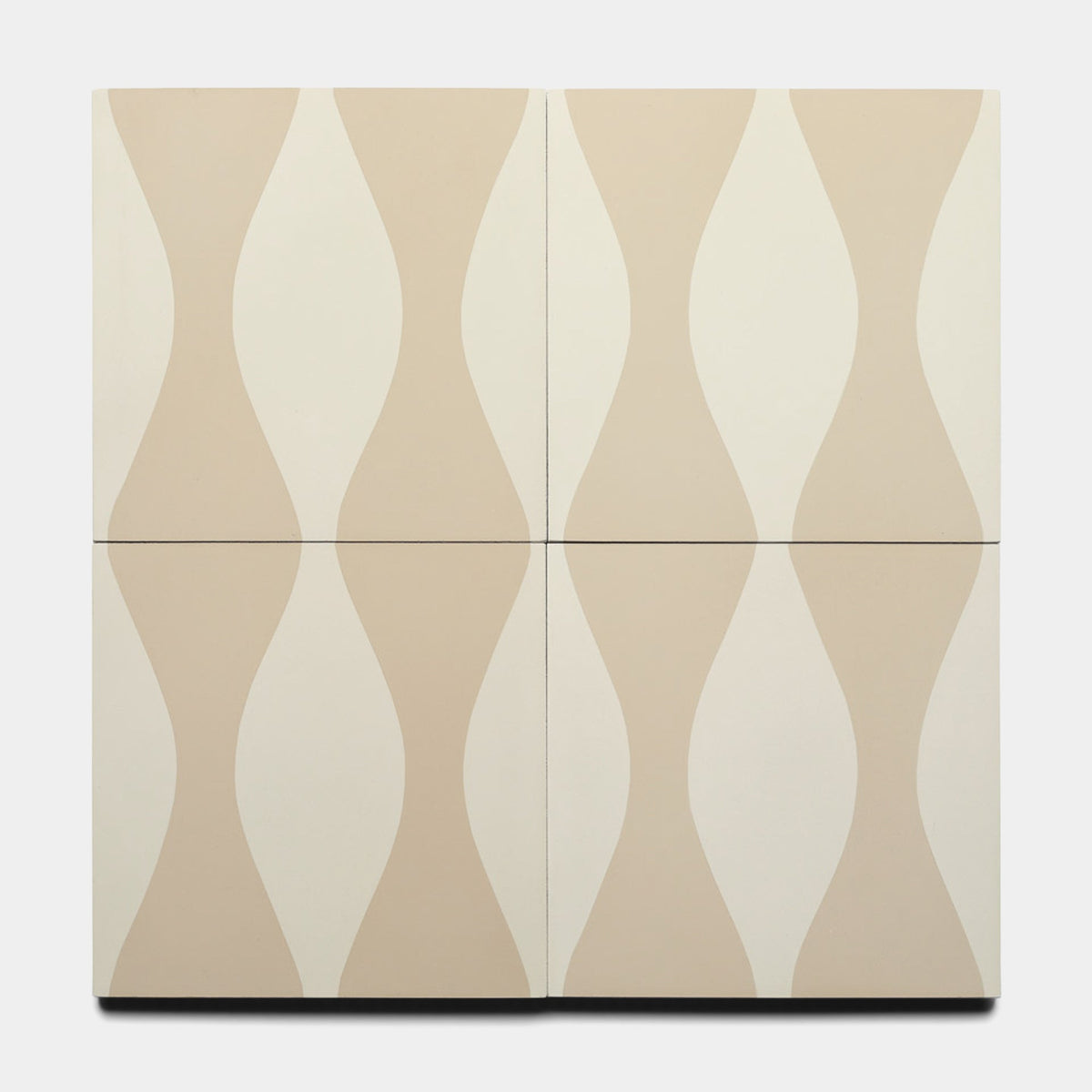 Four Enzo Dune 8x8 samples by Zia Tile arranged in a grid display wavy beige and off-white patterns that align into flowing vertical waves, creating a minimalist, abstract look that brings subtle elegance to any space.