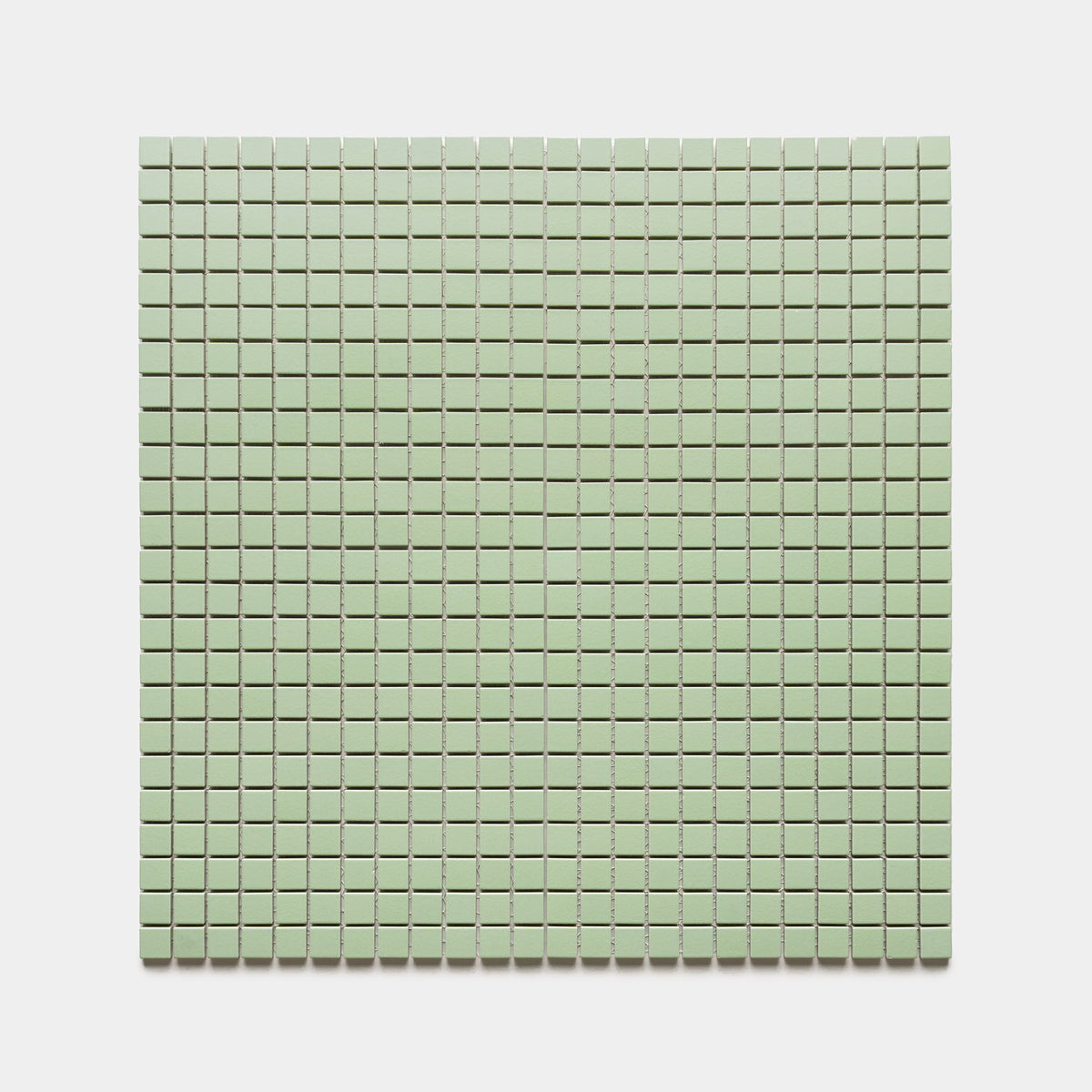 Eucalyptus 1x1 by Zia Tile features small, square, pale green tiles arranged in a uniform grid on a light background, creating an orderly and cohesive pattern.
