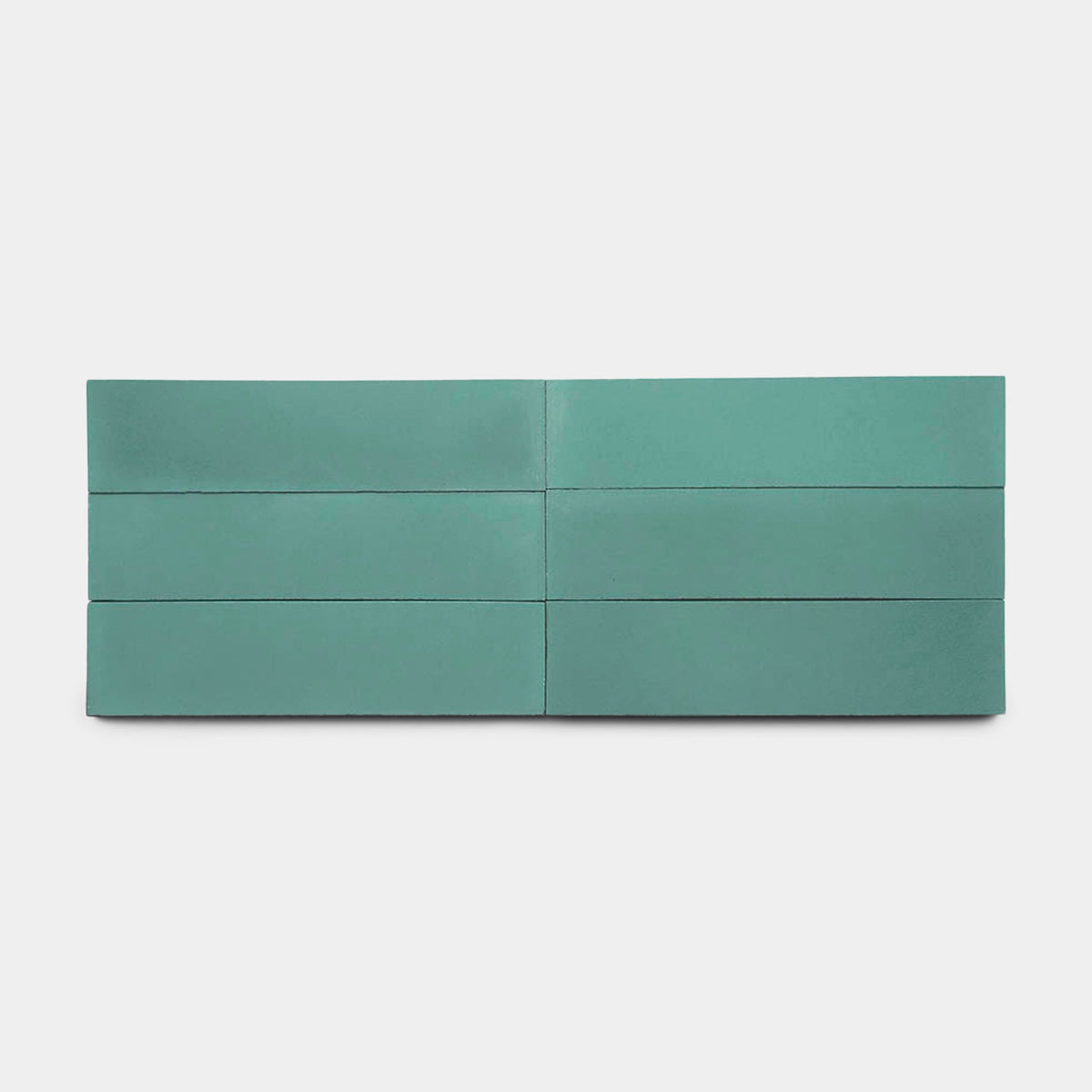 A minimalist Everglade 2x8 teal ceramic tile sample by vendor-unknown is shown, divided into six equal horizontal sections in two rows of three, set against a plain white background and inspired by Zia Tile designs.