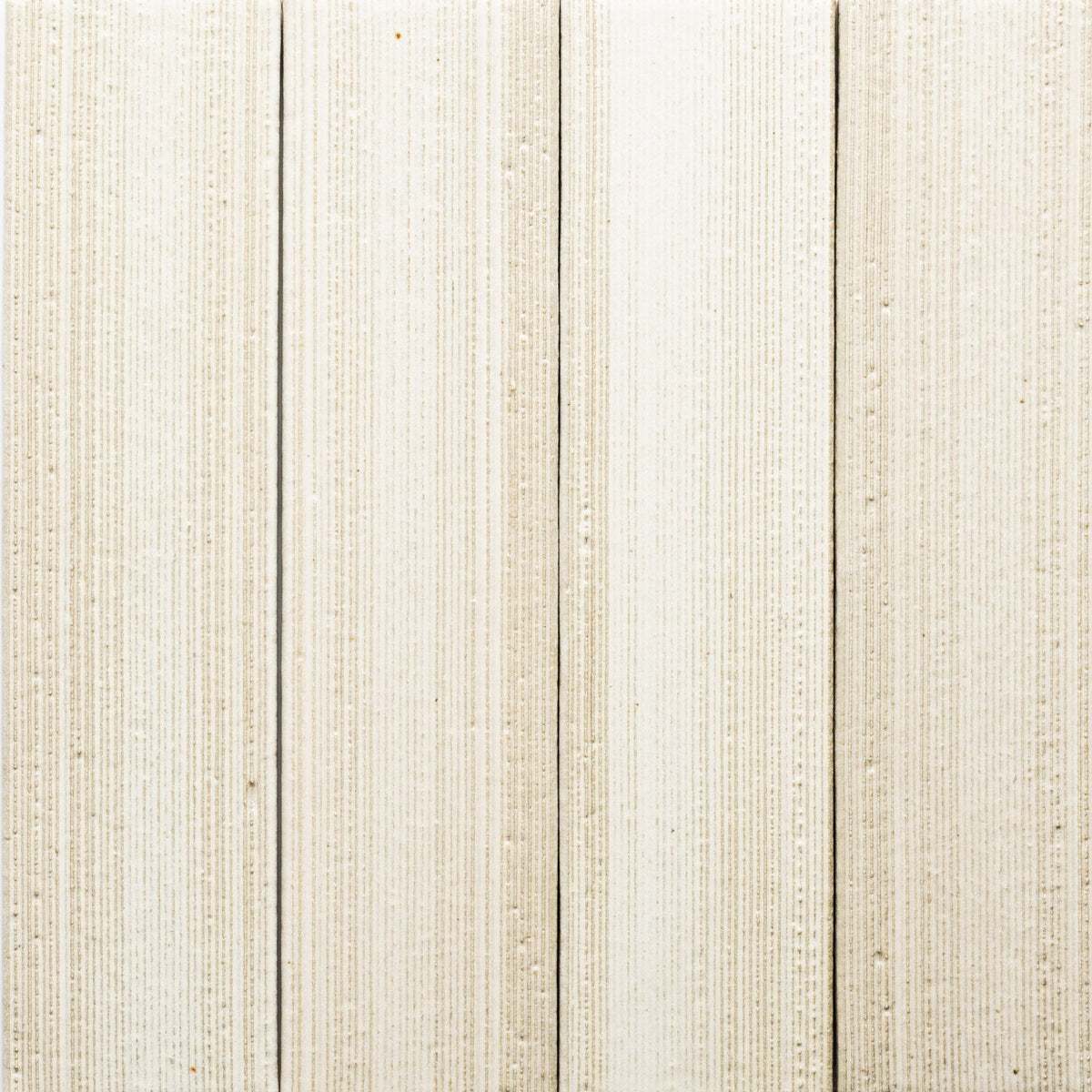 Feather + Etched, Sample by Zia Tile features beige vertical wooden panels with a subtle textured grain. Evenly spaced and aligned, they create a clean, simple aesthetic.