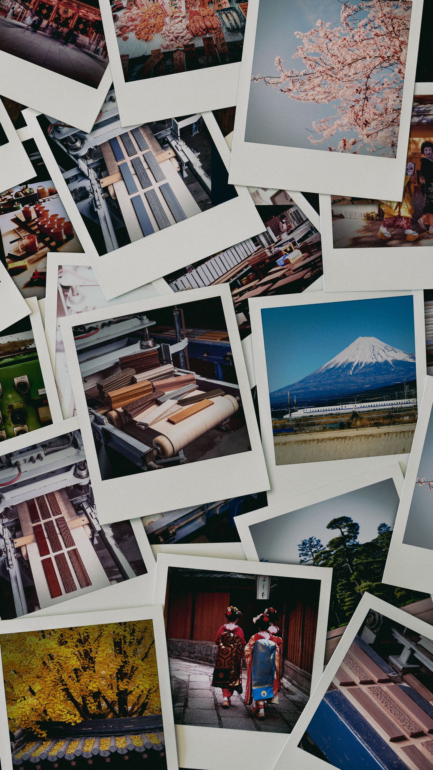 A scattered collection of Polaroid photos depicting various Japanese scenes, including cherry blossoms, Mount Fuji, traditional architecture, looms with textiles, autumn leaves, and people in kimonos.